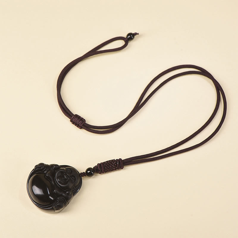 Black Obsidian Ice Obsidian Laughing Buddha Necklace | Purification