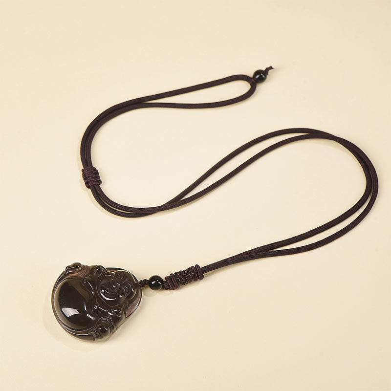 Black Obsidian Ice Obsidian Laughing Buddha Necklace | Purification