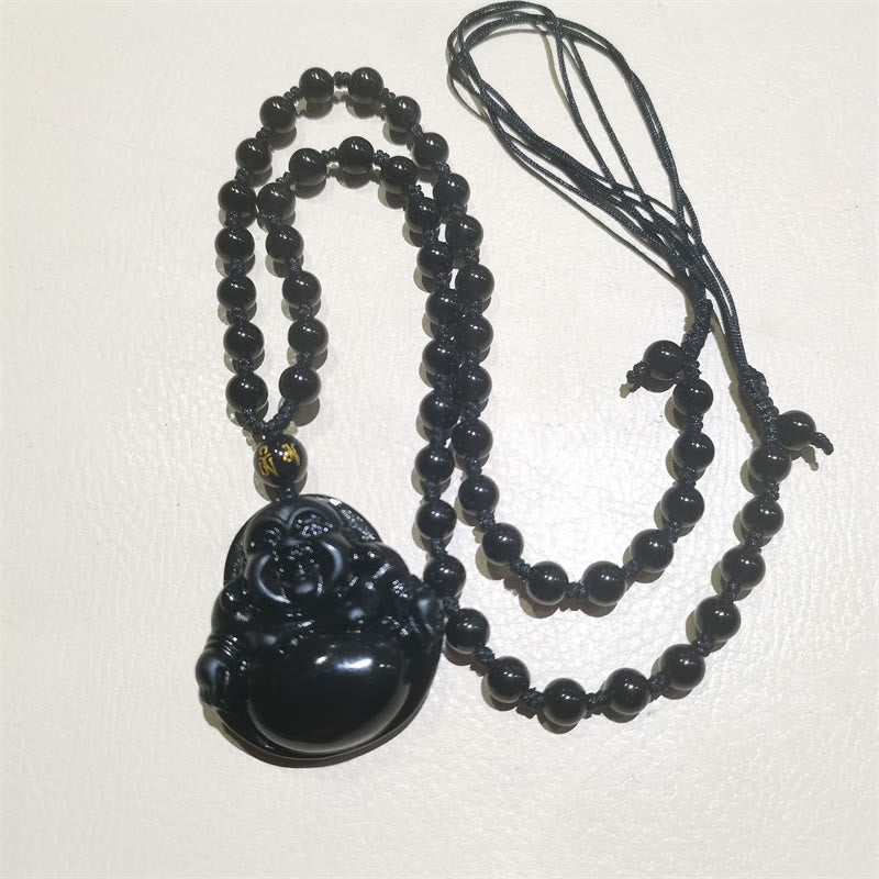 Black Obsidian Ice Obsidian Laughing Buddha Necklace | Purification