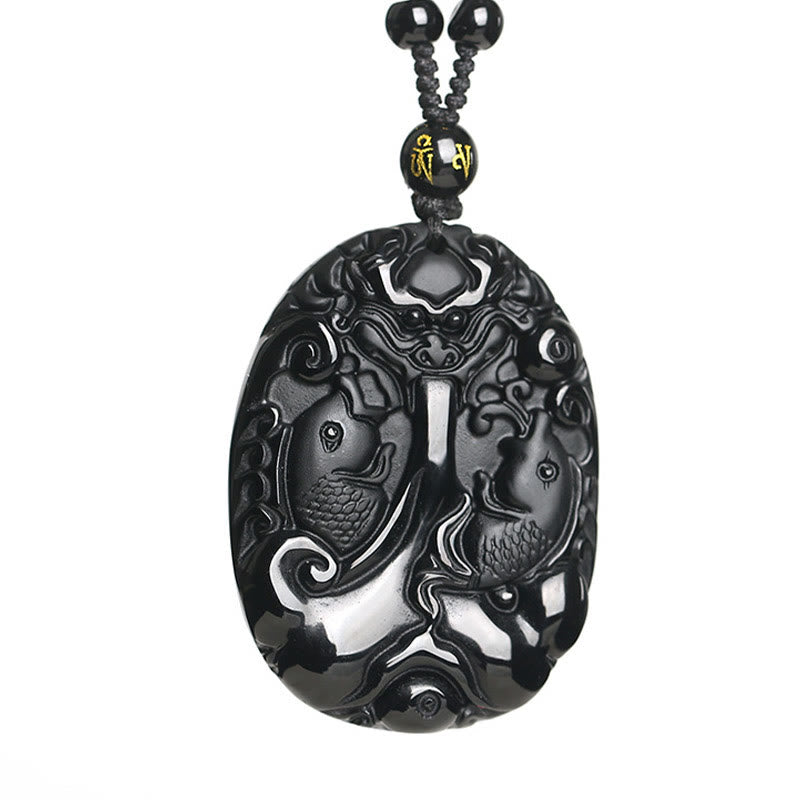 Black Obsidian Koi Fish Pendant Necklace for Strength & Fulfilment