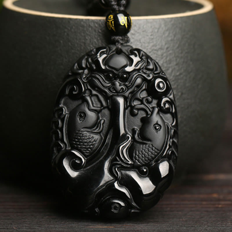 Black Obsidian Koi Fish Pendant Necklace for Strength & Fulfilment