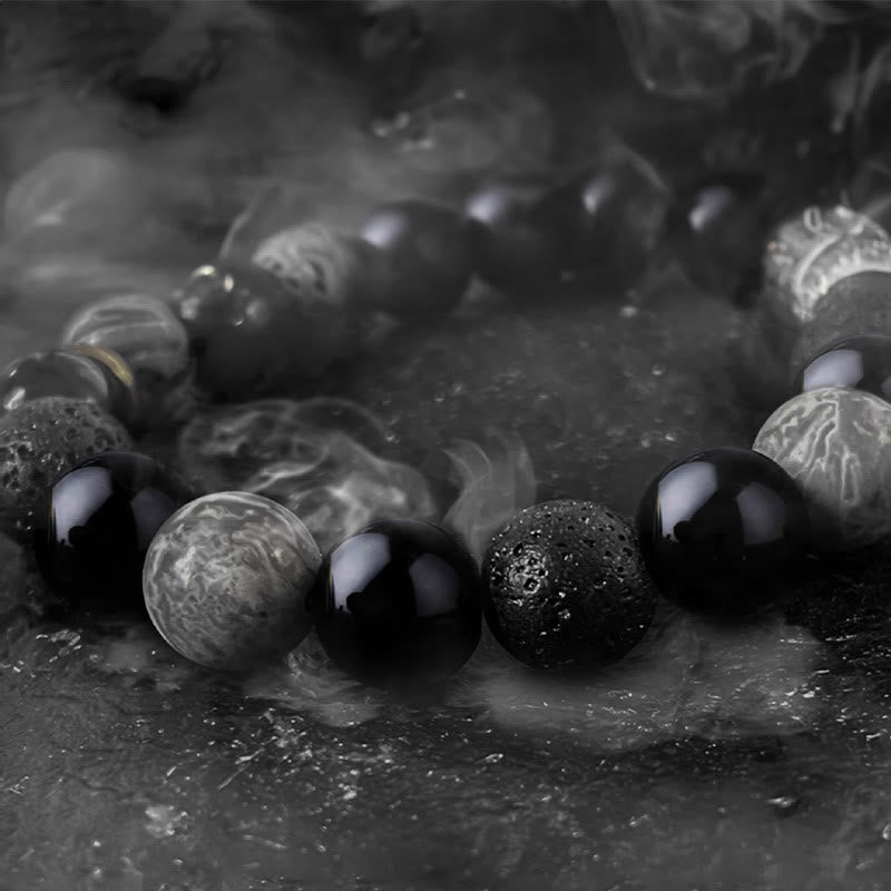 Black Obsidian Lava Rock Yin Yang Bracelet for Strength