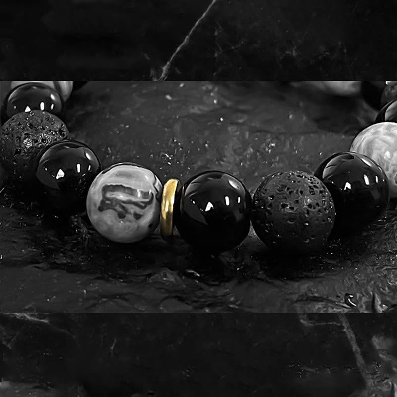 Black Obsidian Lava Rock Yin Yang Bracelet for Strength