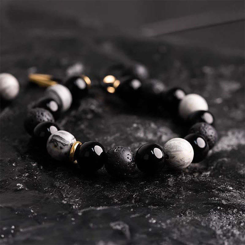 Black Obsidian Lava Rock Yin Yang Bracelet for Strength
