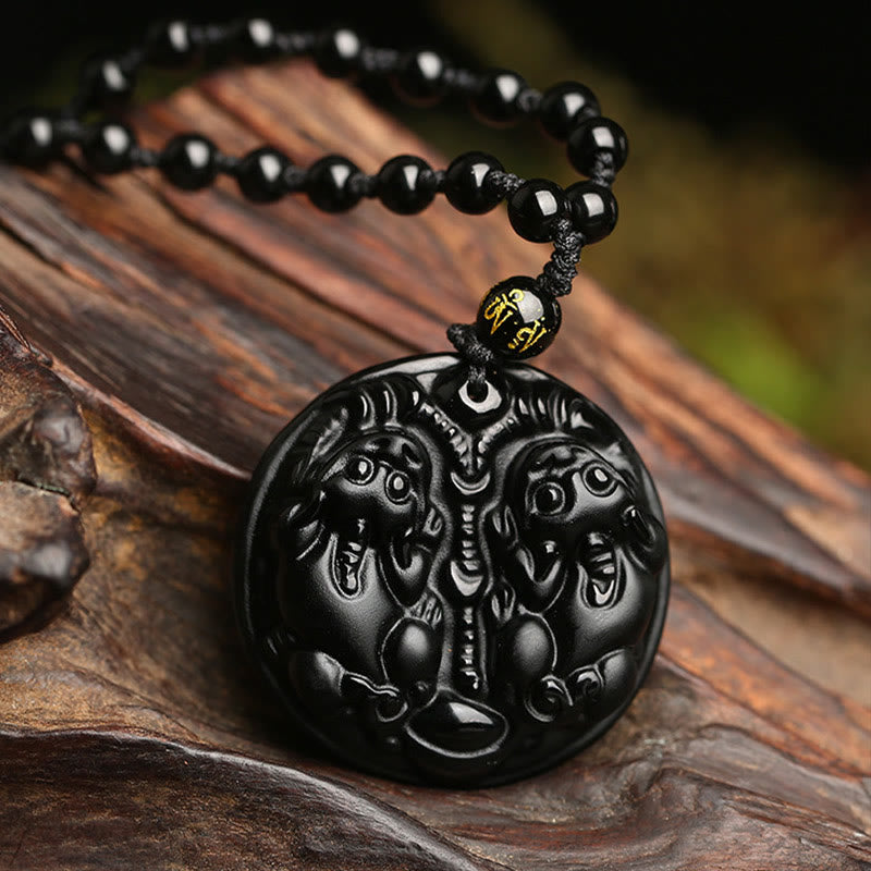 Black Obsidian Pixiu Pendant Necklace for Wealth & Protection