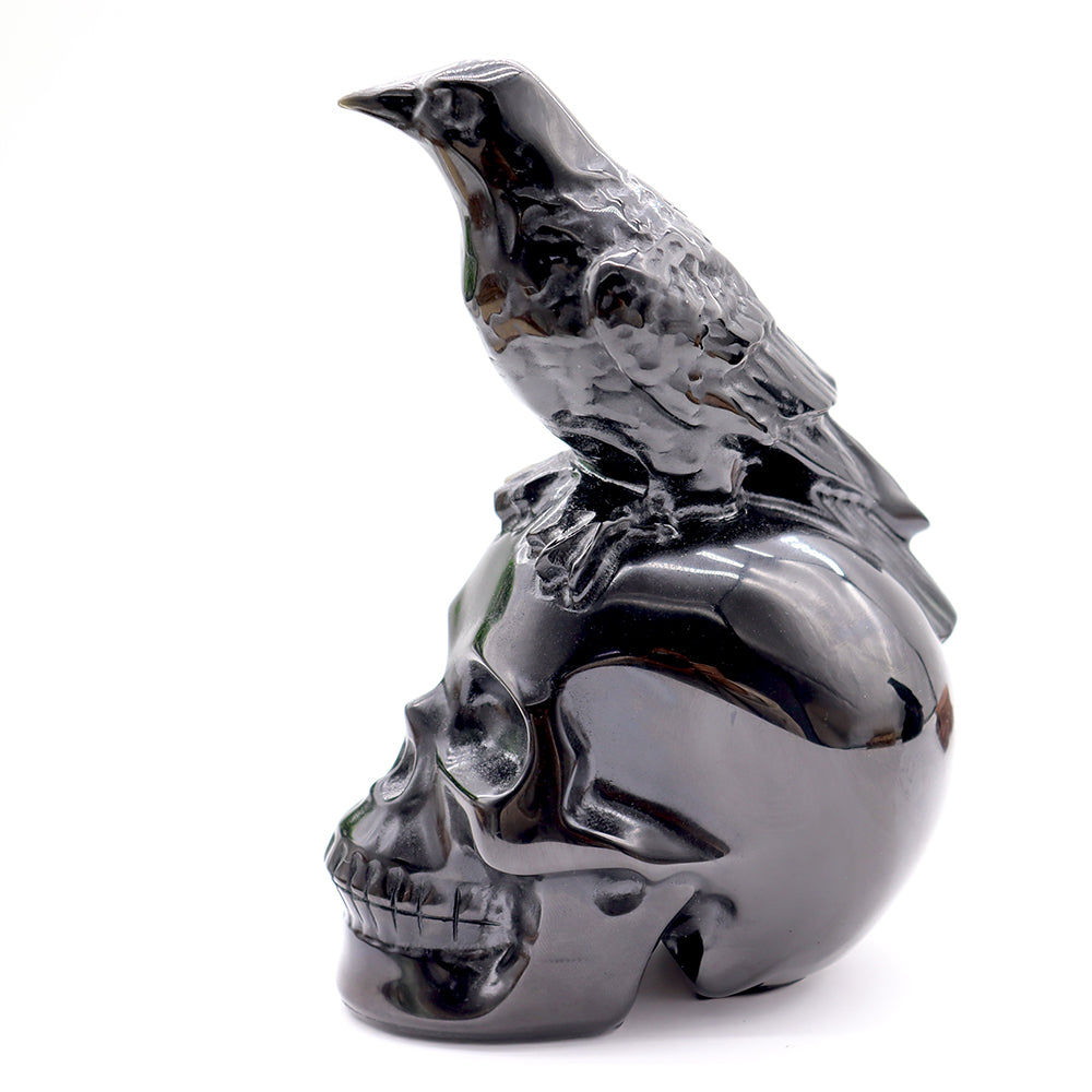 Black Obsidian Skull Crystal Figurine with Crow Carving 13cm