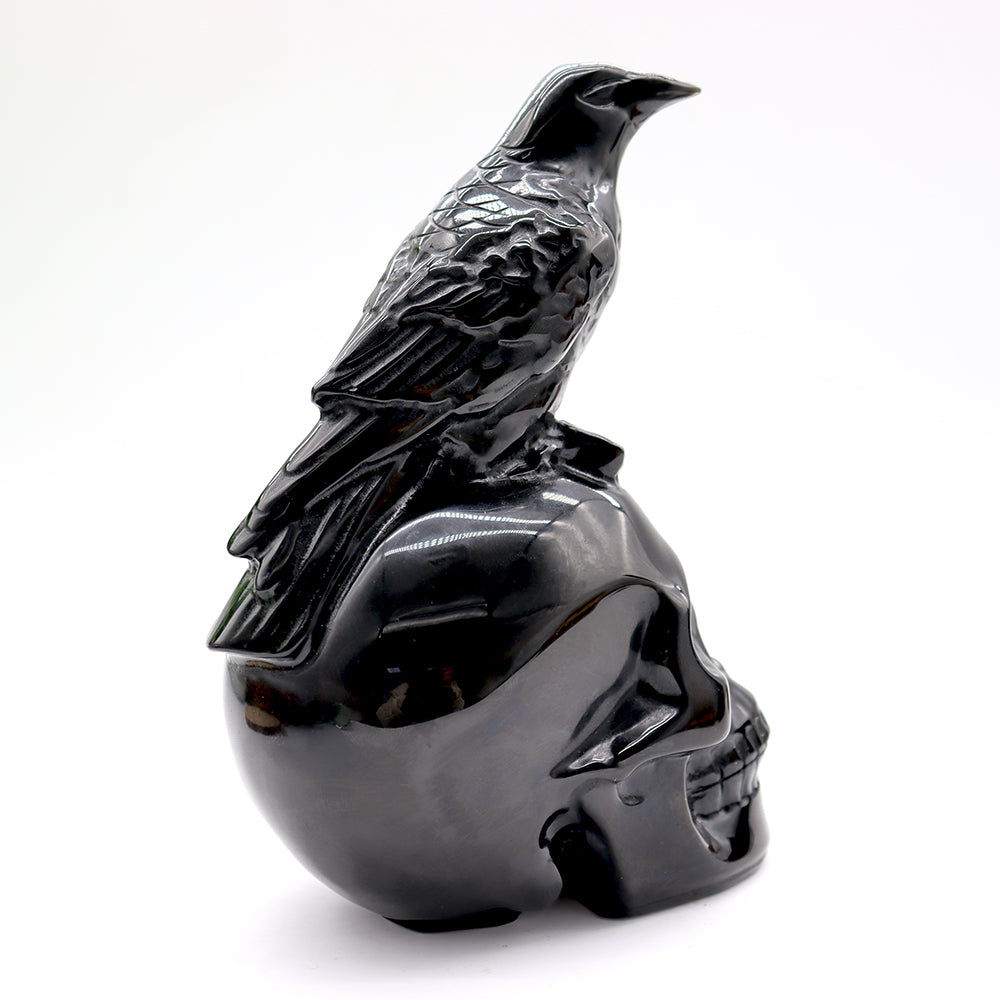 Black Obsidian Skull Crystal Figurine with Crow Carving 13cm