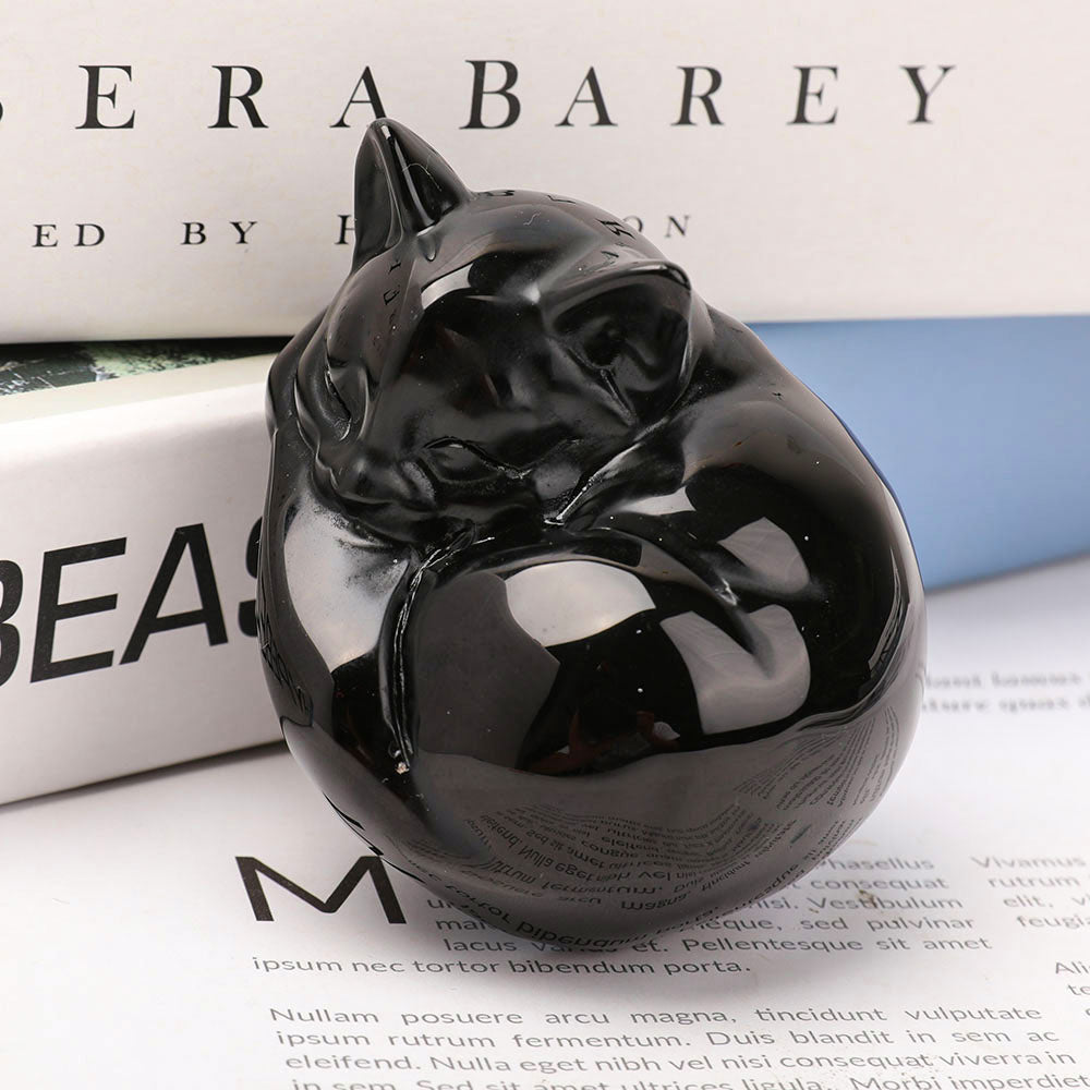 Black Obsidian Sleeping Cat Crystal Cat Figurine 3.2 Inch