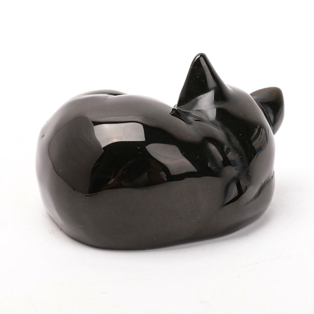 Black Obsidian Sleeping Cat Crystal Cat Figurine 3.2 Inch