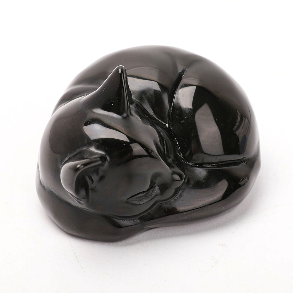Black Obsidian Sleeping Cat Crystal Cat Figurine 3.2 Inch