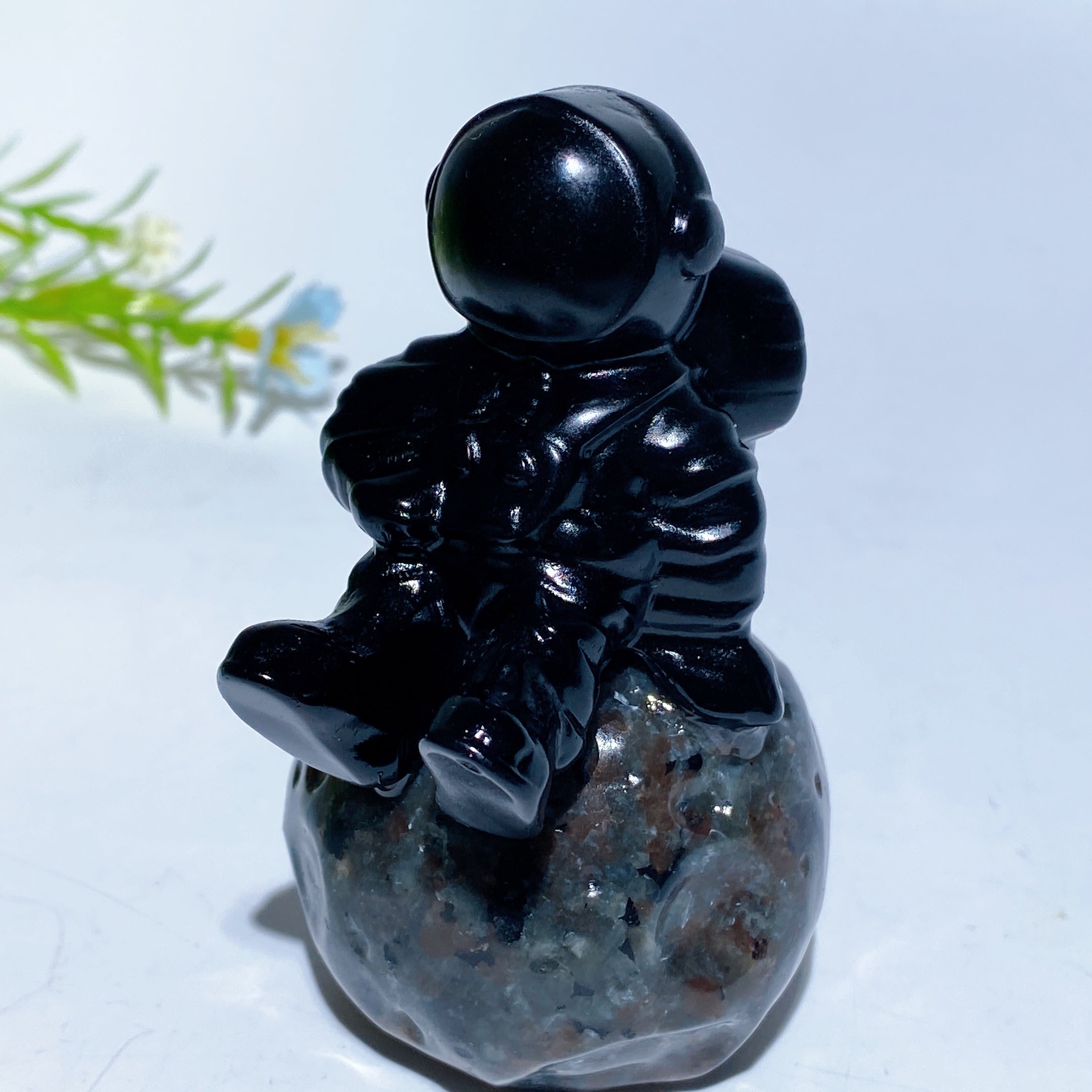 Black Obsidian Spaceman on Yooperlite Planet 2.3" 3.3" Crystal Figurine