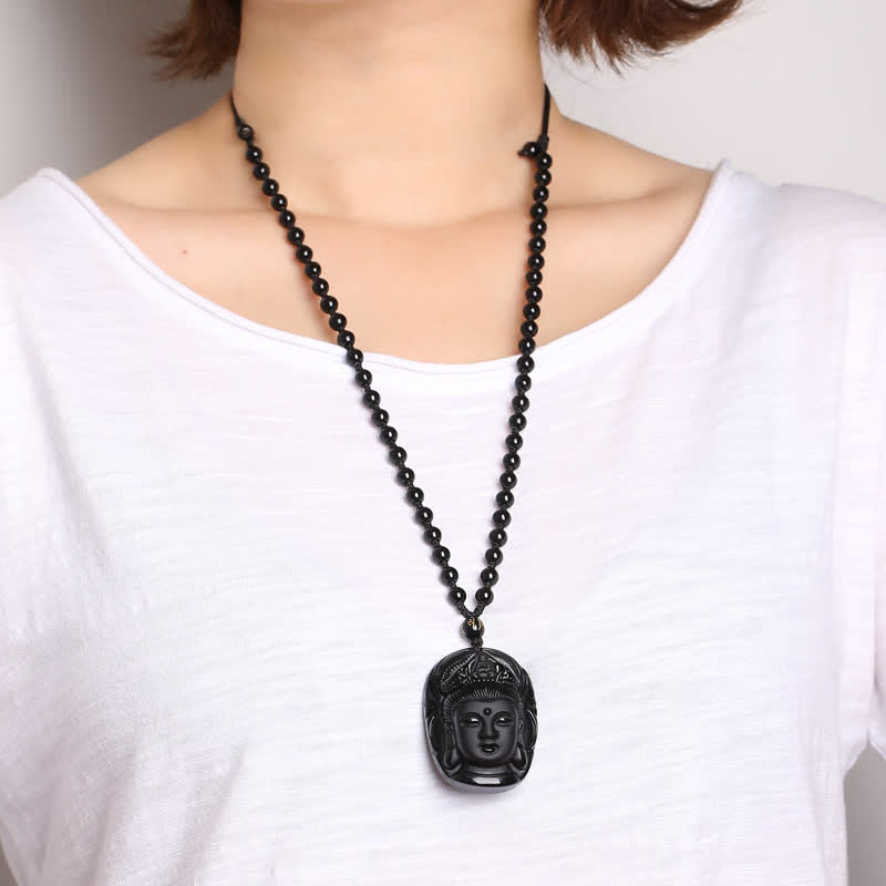 Black Obsidian Strength Necklace with Avalokitesvara Pendant