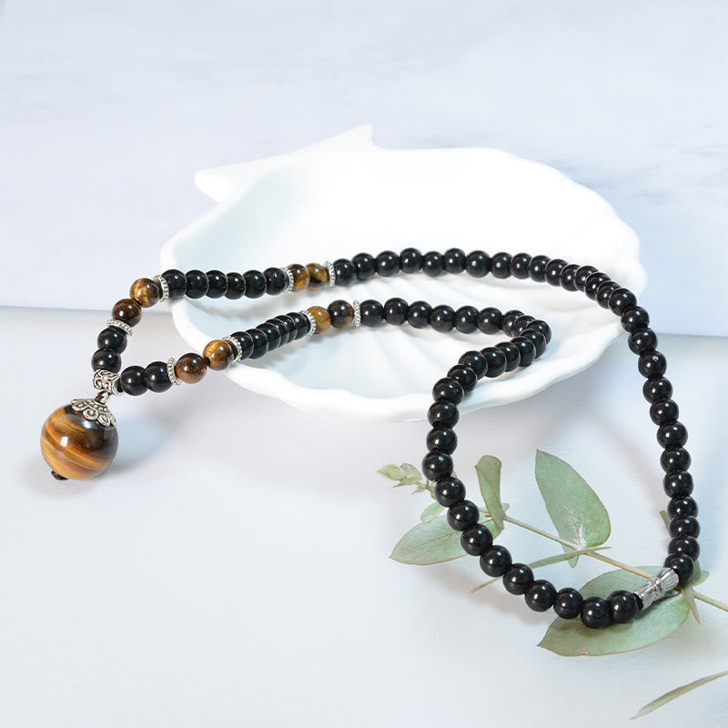 Black Obsidian Tiger Eye Necklace for Protection & Strength