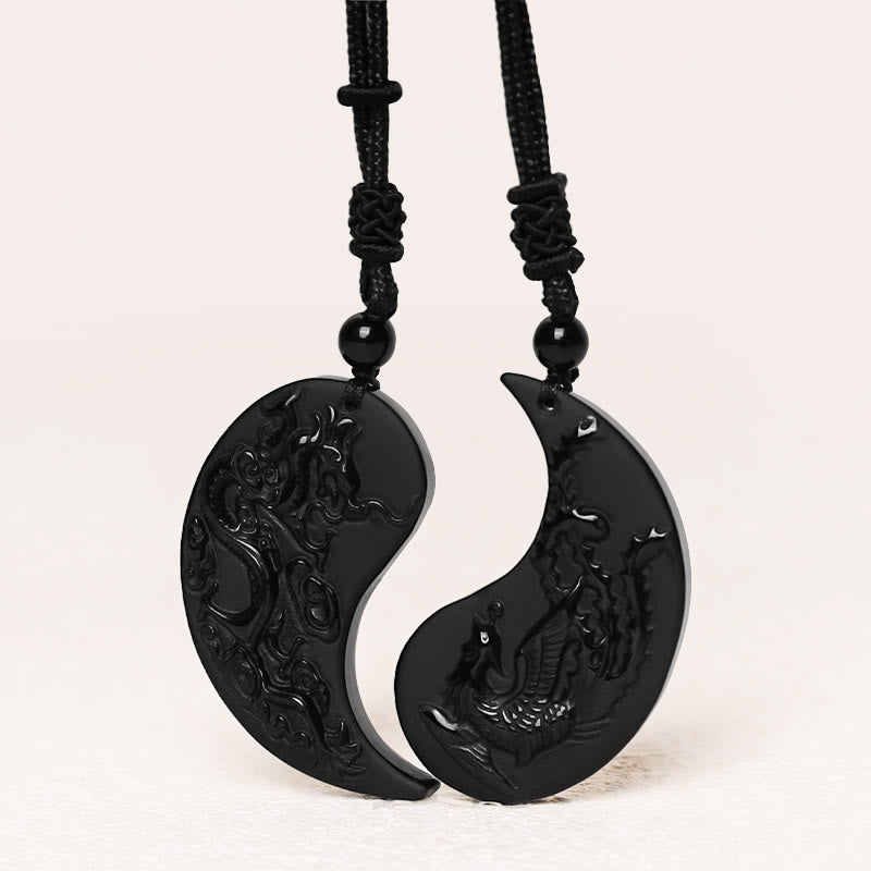 Black Obsidian Yin Yang Dragon Phoenix Necklace