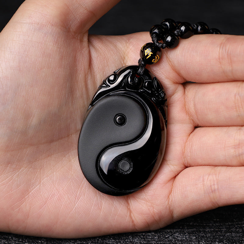 Black Obsidian Yin Yang Fulfilment Strength Pendant Necklace