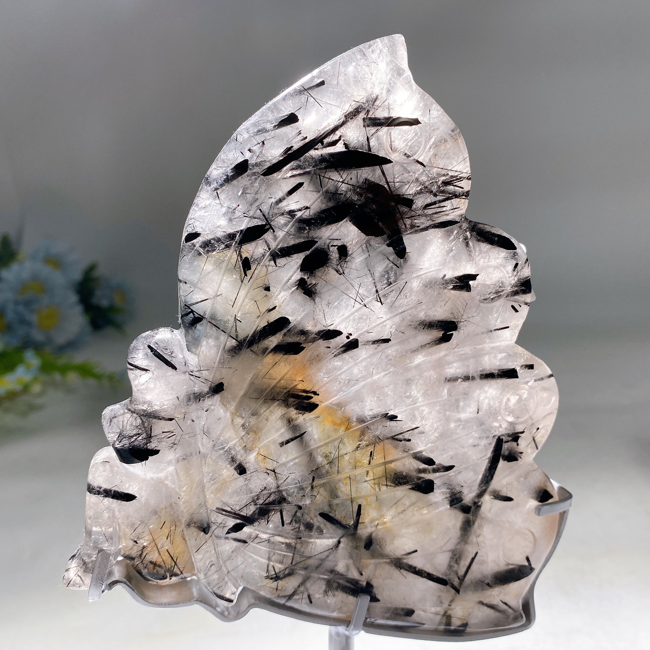 Black Tourmaline in Quartz Butterfly Figurine 6.2" Healing Carving