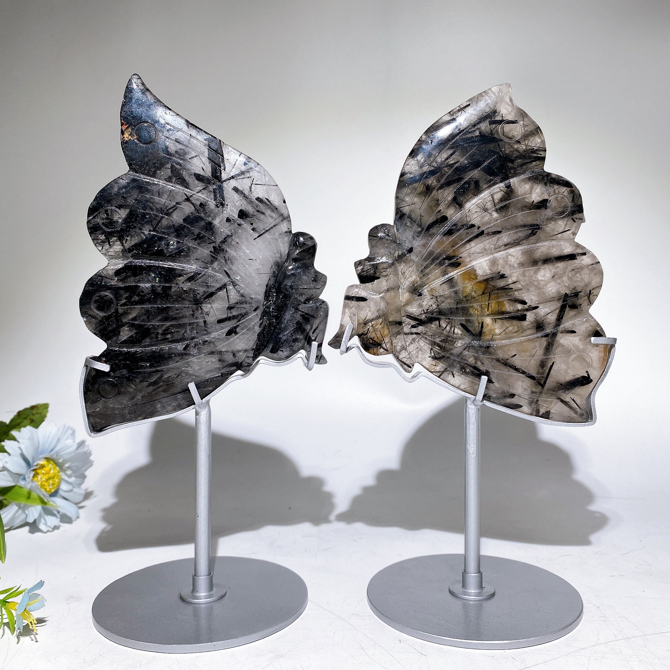 Black Tourmaline in Quartz Butterfly Figurine 6.2" Healing Carving