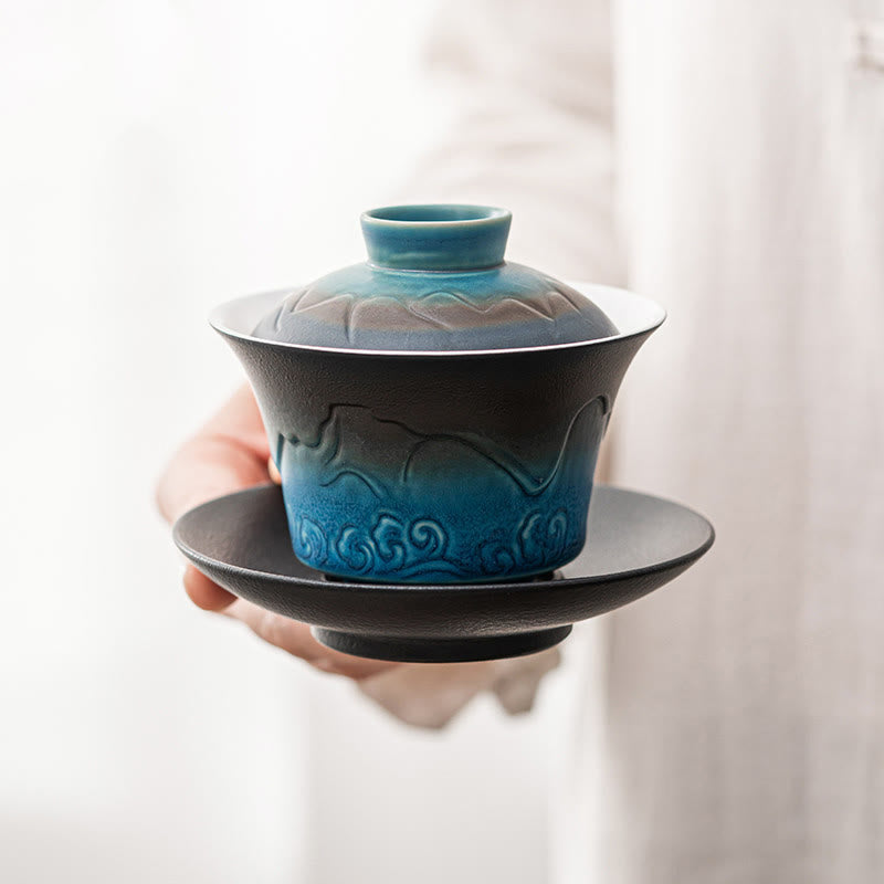 Blue Black Gradient Ceramic Gaiwan Tea Cup | 120ml Capacity