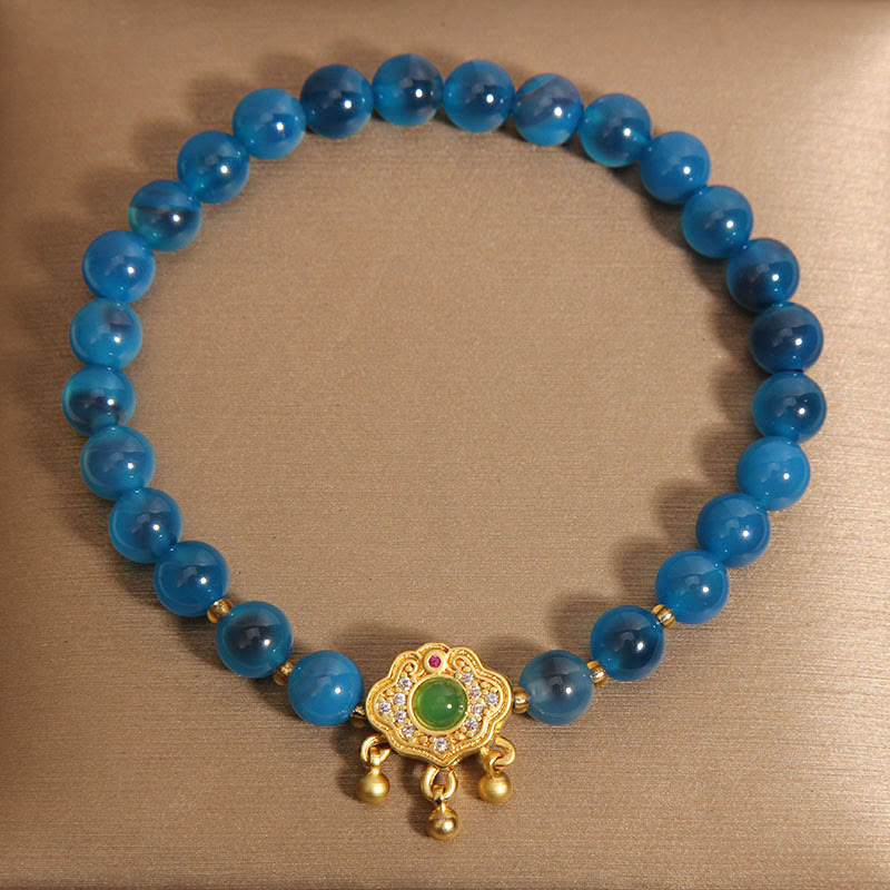 Blue Candy Agate Bracelet with Chinese Lock Charm for Protection