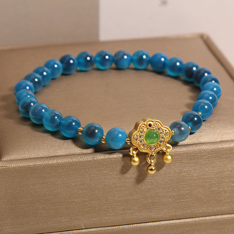 Blue Candy Agate Bracelet with Chinese Lock Charm for Protection