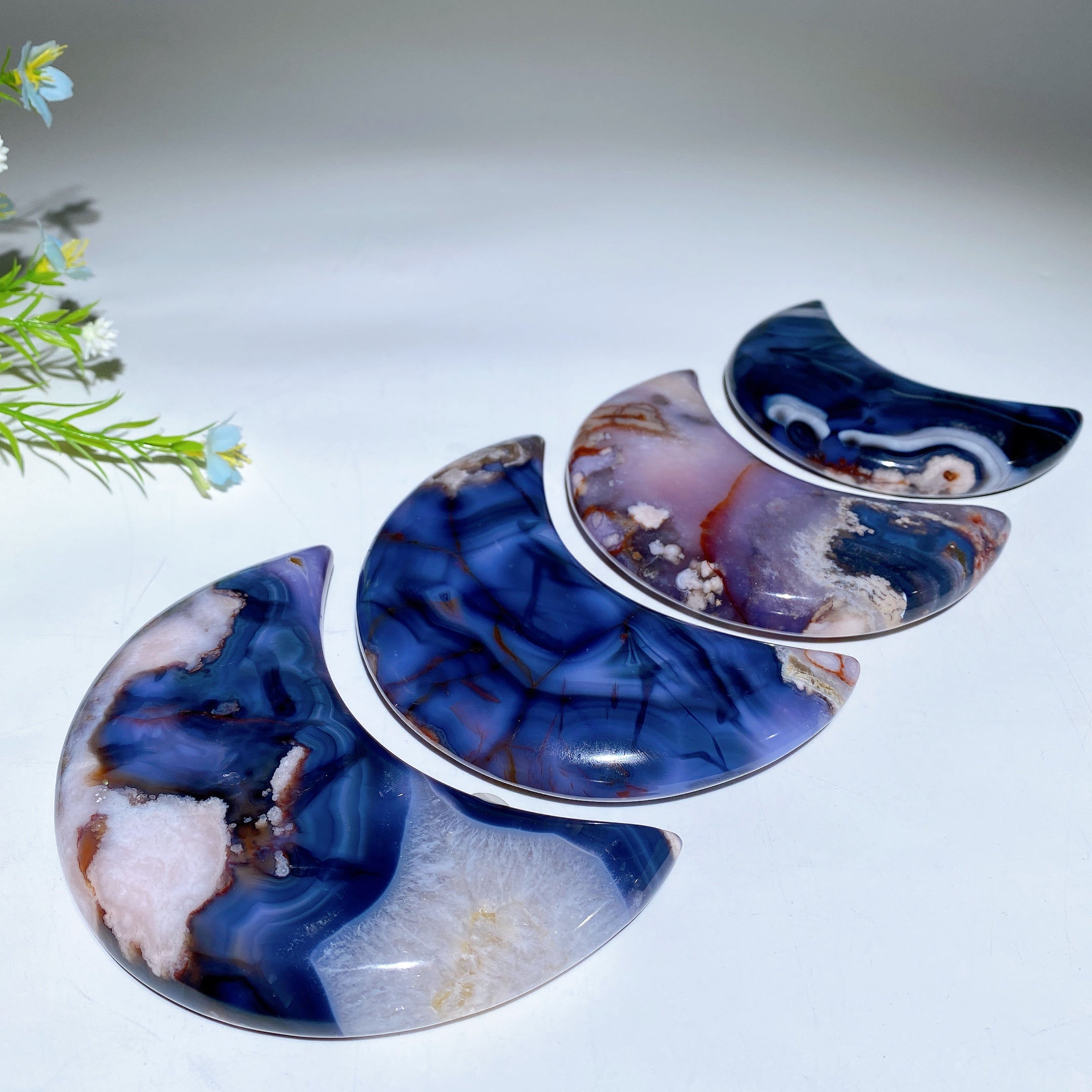 Blue Flower Agate Moon Crystal Carvings 3.3-4.5 inch