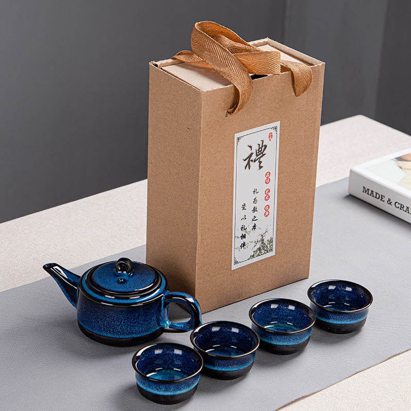 Blue Gradient Ceramic Gongfu Teapot Set for Zen Decor