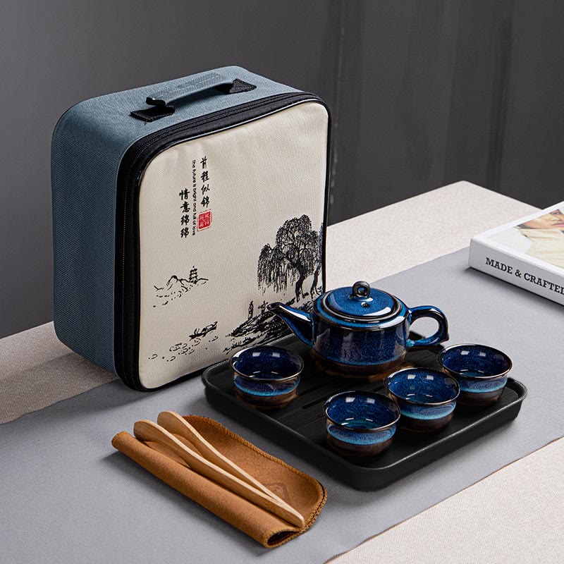 Blue Gradient Ceramic Gongfu Teapot Set for Zen Decor