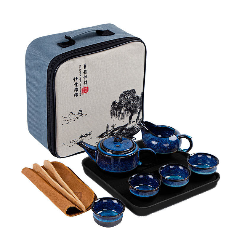 Blue Gradient Ceramic Gongfu Teapot Set for Zen Decor