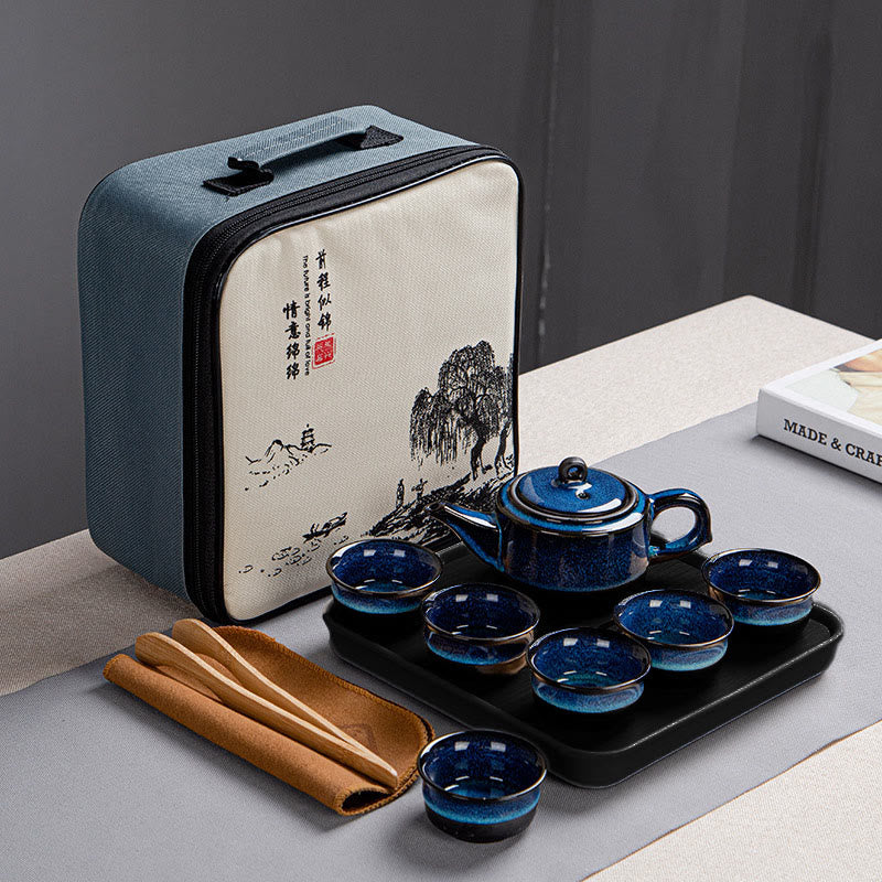 Blue Gradient Ceramic Gongfu Teapot Set for Zen Decor