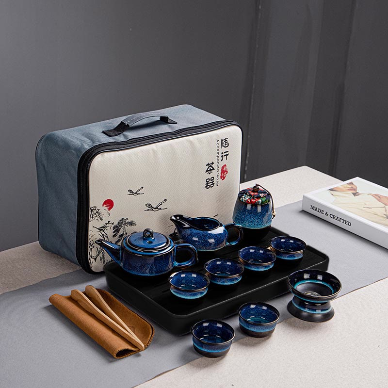 Blue Gradient Ceramic Gongfu Teapot Set for Zen Decor