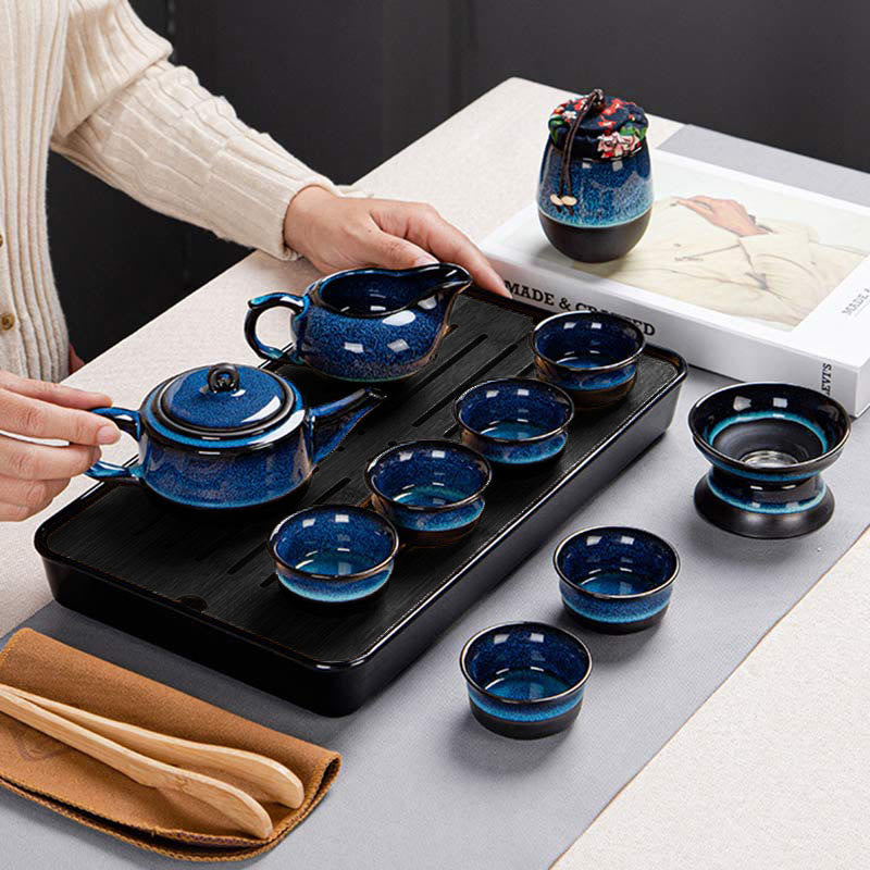 Blue Gradient Ceramic Gongfu Teapot Set for Zen Decor