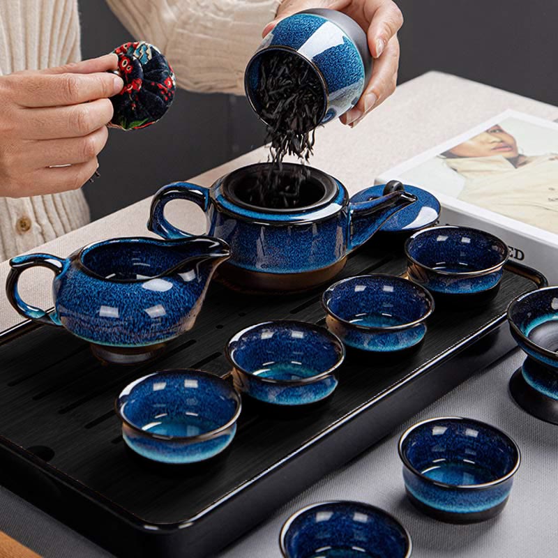Blue Gradient Ceramic Gongfu Teapot Set for Zen Decor