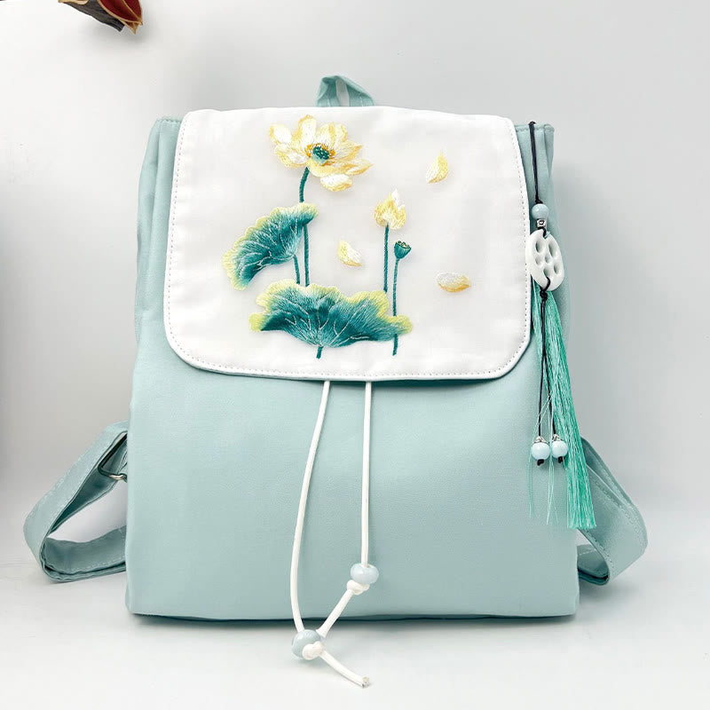 Blue Lotus Embroidered Canvas Backpack | Yoga Bag