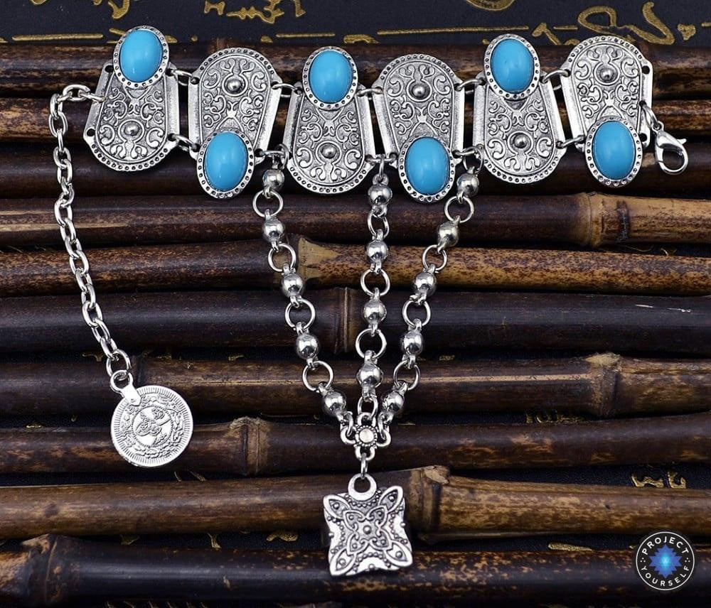 Boho Turquoise Flower Ring Bracelet Hand Chain