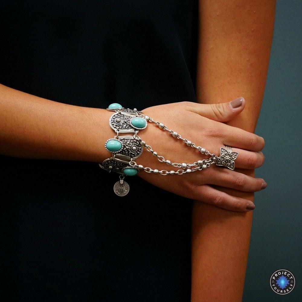 Boho Turquoise Flower Ring Bracelet Hand Chain