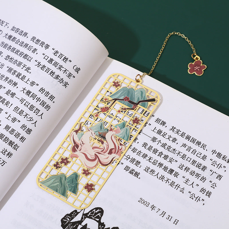 Brass Hollow Bookmark with Elk, Koi Fish, Crane & Fox