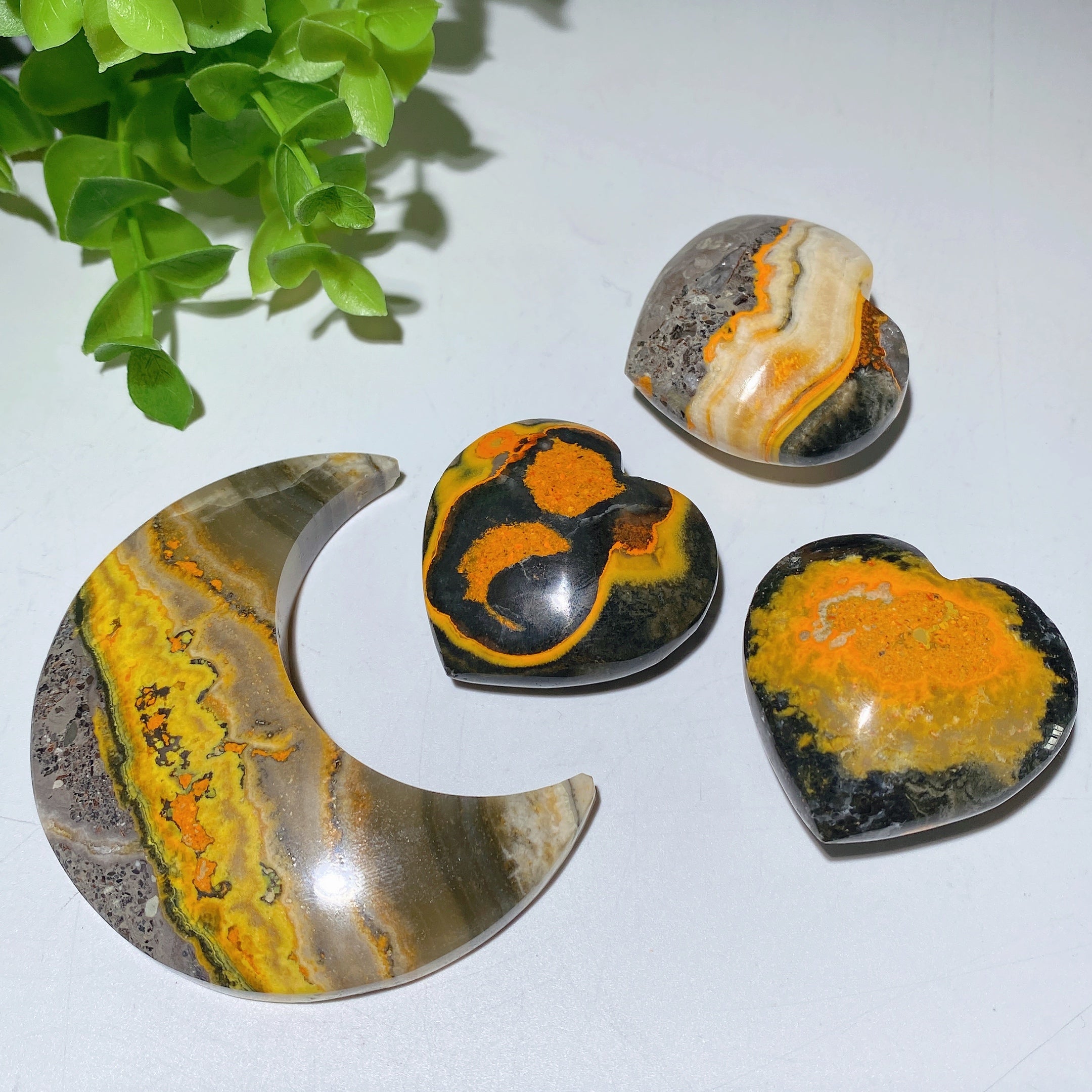 Bumble Bee Jasper Heart and Moon Crystal Shapes