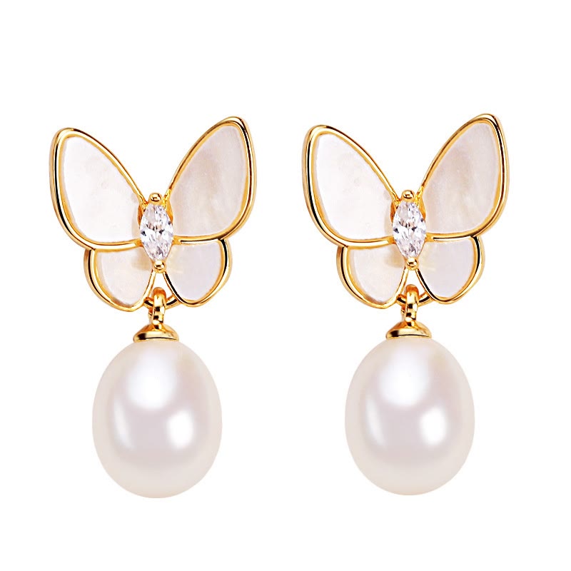 Butterfly Pearl Stud Earrings with 925 Silver Posts for Optimism