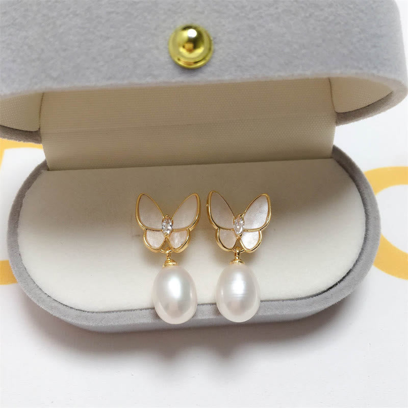 Butterfly Pearl Stud Earrings with 925 Silver Posts for Optimism
