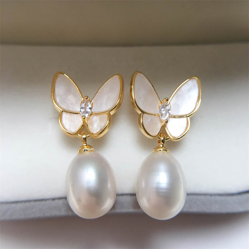 Butterfly Pearl Stud Earrings with 925 Silver Posts for Optimism