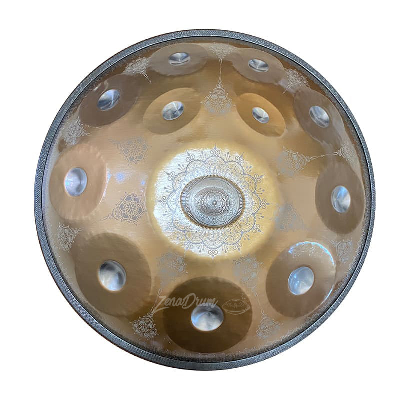 C Major Handpan Drum with golden-bronze finish and circular tone fields for sale
