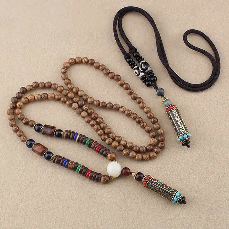 Om Mani Padme Hum Necklace | Wenge Wood Dzi Bead Pendant