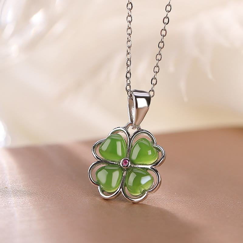 Silver Hetian Cyan Jade Lucky Four Leaf Clover Necklace