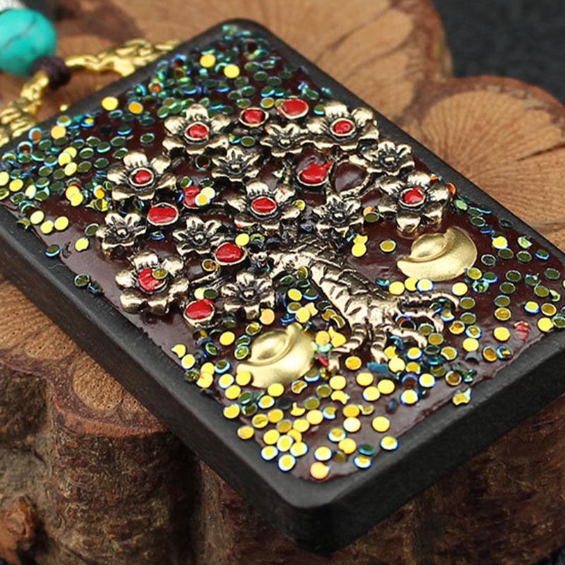 Ebony Spiritual Necklace with Wealth Gods & Golden Phoenix