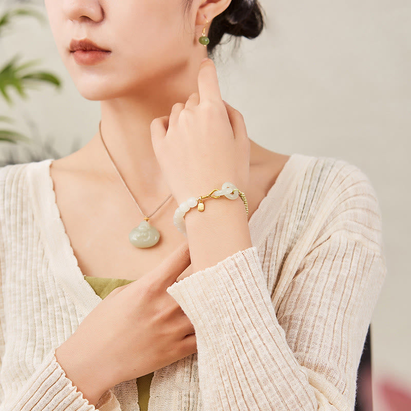 Natural Hetian Jade Double Peace Buckle Bracelet for Abundance