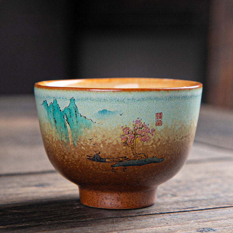 Ceramic Zen Teacup with Deer & Mountain Designs 150ml