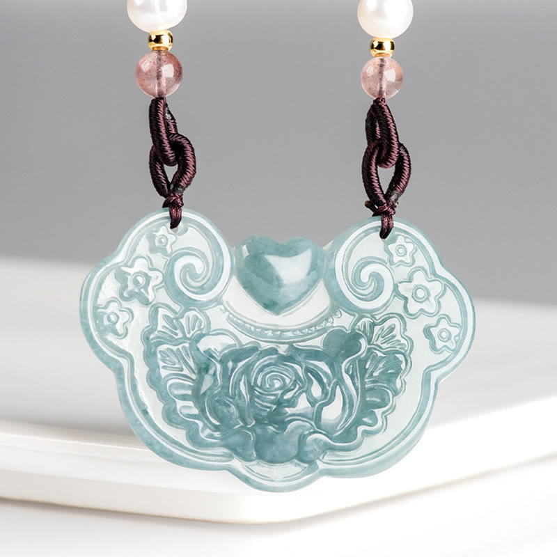 Natural Jade Peony Flower Prosperity Necklace Pendant 32.5mm