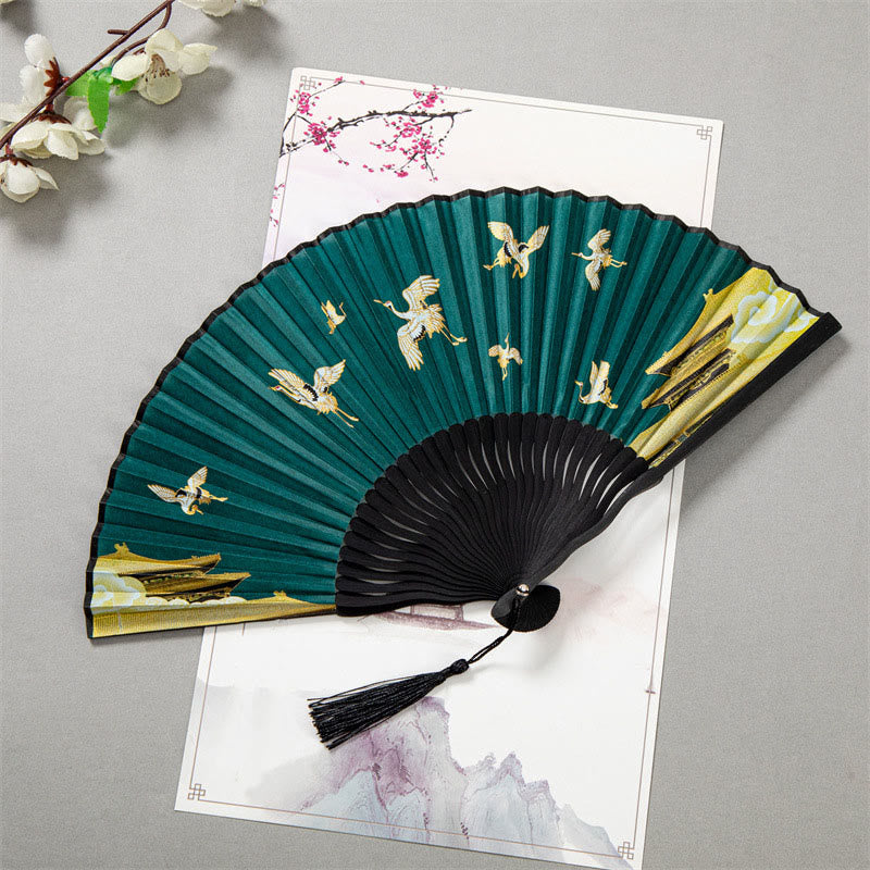 22cm Chinese Folding Silk Bamboo Fan with White Crane Design