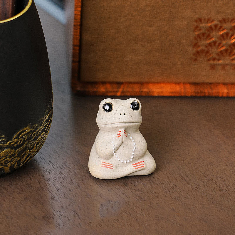 Mini Ceramic Praying Frog Figurine for Wealth and Prosperity