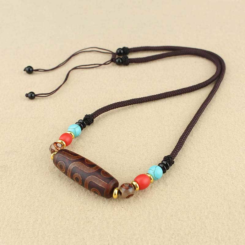 Unisex Agate Necklace with Nine-Eye and Three-Eyed Dzi Beads for Protection